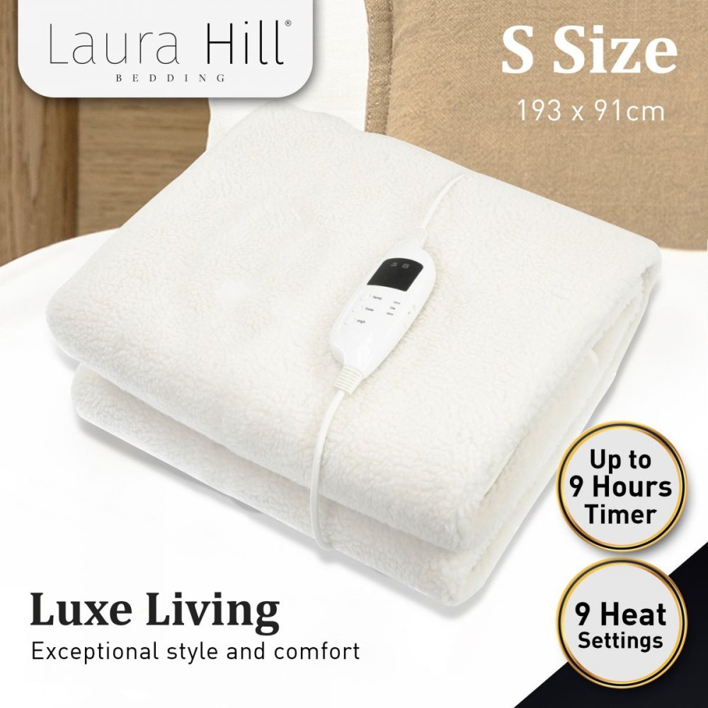 Heated Electric Blanket Single Size Fitted Fleece Underlay Winter Throw -  White