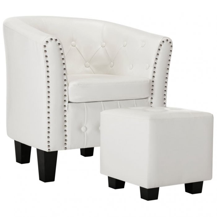 Tub Chair With Footstool White Faux Leather