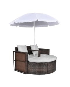 Garden Bed With Parasol Brown Poly Rattan