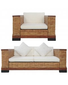 2 Piece Sofa Set With Cushions Brown Natural Rattan