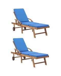 Sun Loungers With Cushions 2 Pcs Solid Teak Wood Blue