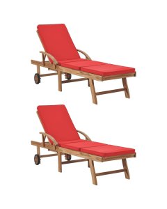 Sun Loungers With Cushions 2 Pcs Solid Teak Wood Red