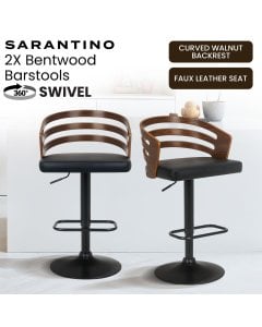 Sarantino Set of 2 Bentwood Walnut Barstool Leather Seat and Metal Base