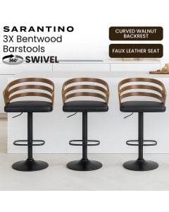 Sarantino Set of 3 Bentwood Walnut Barstool Leather Seat and Metal Base