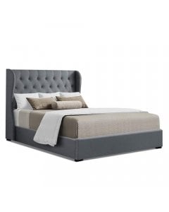 Queen Size Gas Lift Bed Frame Base With Storage Grey Fabric Wooden