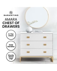 Sarantino Amara Chest of Drawers Tallboy Dresser in White/Gold