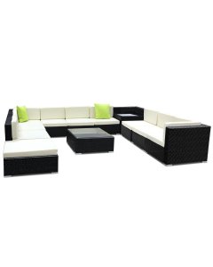 Blue2-12 Pieces Outdoor Wicker Patio Furniture Sectional Cushioned Rattan Conversation Sofa Sets Black 
