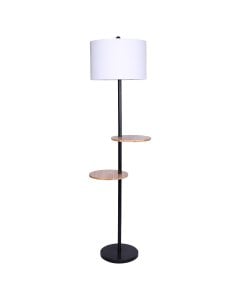 Sarantino Metal Floor Lamp Shade with  Black Post in Round Wood Shelves