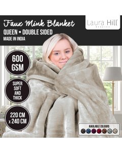 Laura Hill 600GSM Large Double-Sided Queen Faux Mink Blanket - Beige