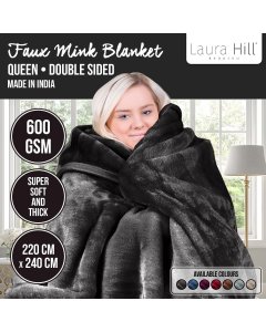 Laura Hill 600GSM Large Double-Sided Queen Faux Mink Blanket - Black