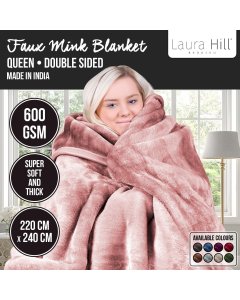 Laura Hill 600GSM Double-Sided Queen Size Faux Mink Blanket - Pink