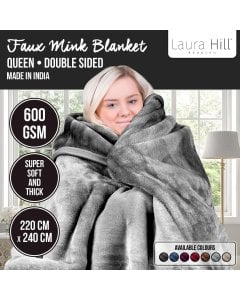 Laura Hill 600GSM Double-Sided Queen Size Faux Mink Blanket - Silver