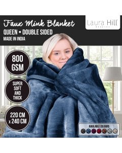 Laura Hill Faux Mink Blanket 800GSM Heavy Double-Sided - Navy Blue