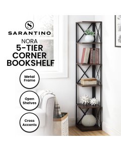 Sarantino Nora 5-Tier Corner Bookshelf - Walnut/Black