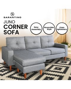 Juno Linen Corner Sofa with Chaise Lounge and Wooden Legs by Sarantino - Grey