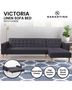 Victoria Modular Tufted Linen Sofa Bed with Chaise by Sarantino - Dark Grey