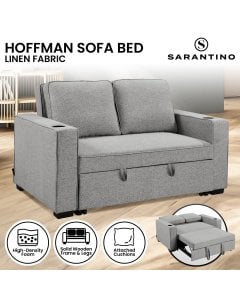 Sarantino Hoffman Linen Sofa Bed with Cushions & Cup Holders Light Grey