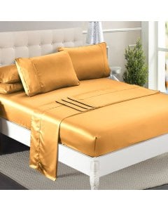 DreamZ Ultra Soft Silky Satin Bed Sheet Set in Double Size in Gold