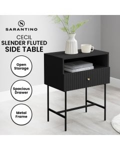 Sarantino Cecil Slender Fluted Bedside Table - Black