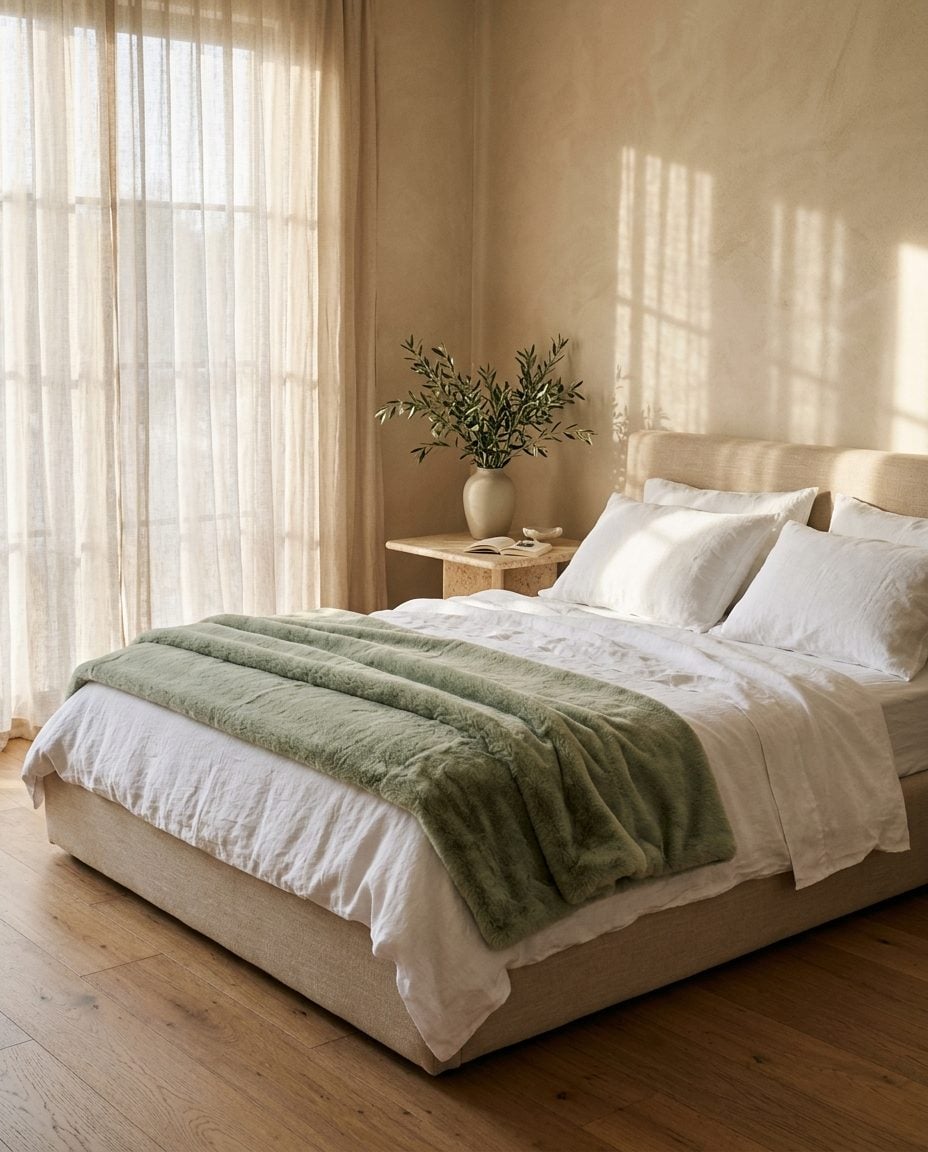 A linen bed with a sage faux mink blanket in golden light