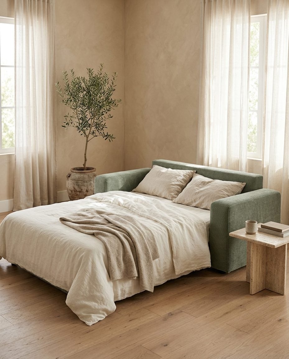 A sage sofa bed made up with linen in a sunny guest room