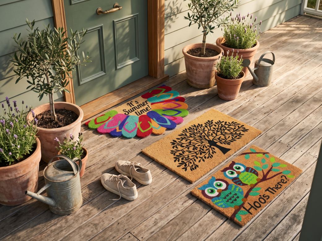 Three coir door mats on a sunlit timber verandah by a sage green front door: a coastal thongs mat, a Tree of Life mat and an owl mat