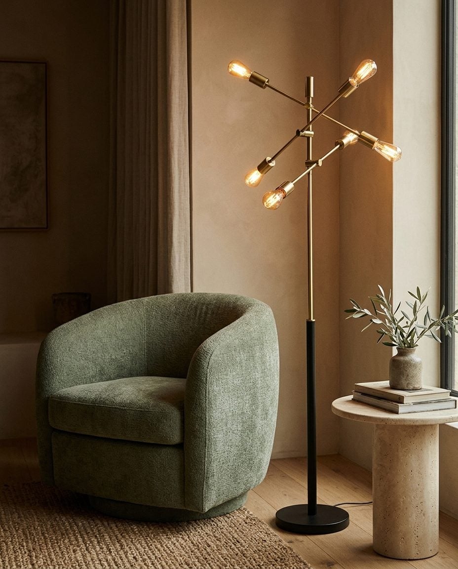 A brass sputnik floor lamp glowing beside a sage armchair