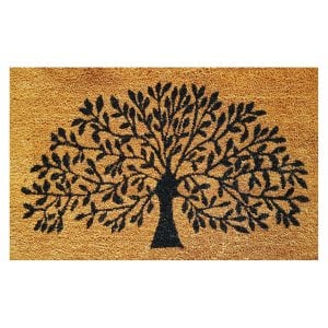 Natural coir door mat with a black Tree of Life design